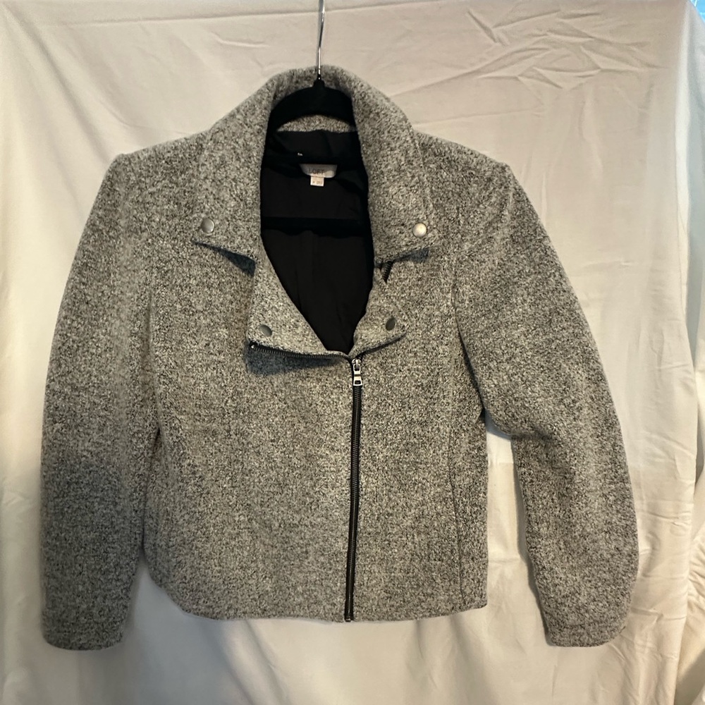 LOFT Gray Teddy Jacket Asymmetrical Zipper Notched Collar